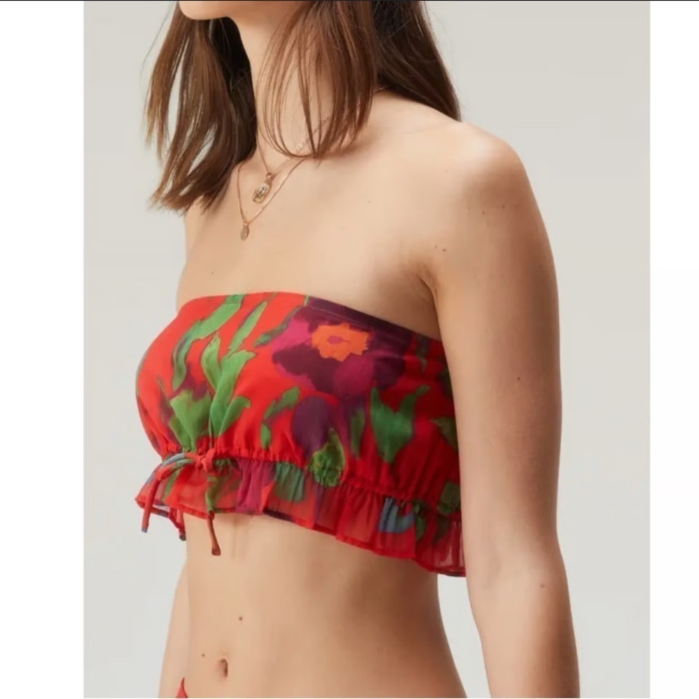 Nasty Gal Red Floral Frill Tie Front Bandeau Top sz 12